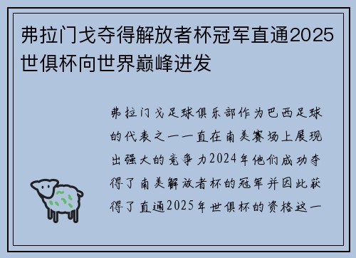 弗拉门戈夺得解放者杯冠军直通2025世俱杯向世界巅峰进发 弗拉门戈夺得解放者杯冠军直通2025世俱杯向世界巅峰进发