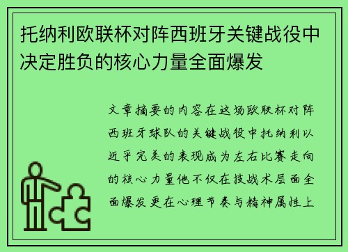 托纳利欧联杯对阵西班牙关键战役中决定胜负的核心力量全面爆发 托纳利欧联杯对阵西班牙关键战役中决定胜负的核心力量全面爆发