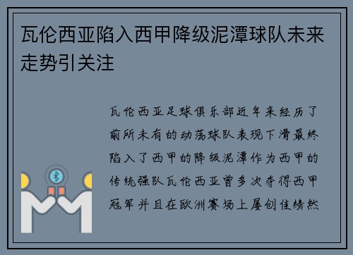 瓦伦西亚陷入西甲降级泥潭球队未来走势引关注